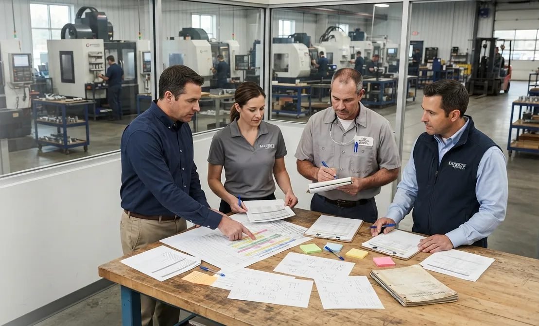 Manufacturing operations consultant reviewing a CNC production schedule on the shop floor